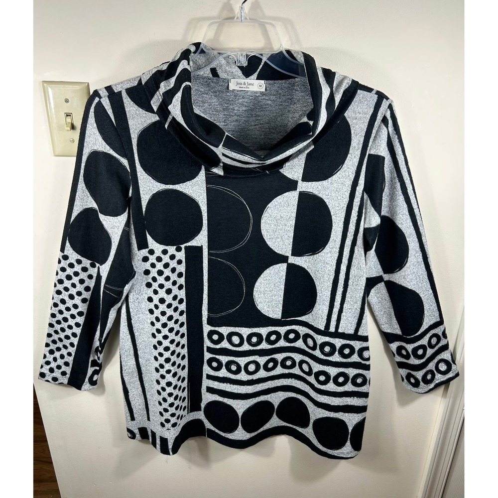 Jess & Jane Cowl Neck Top Women M Black Gray Bebop French Brushed Artsy Abstract